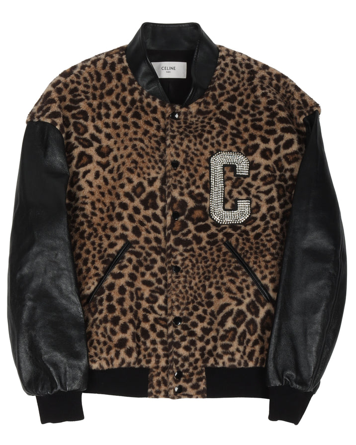 Crystal Leopard Leather Bomber Jacket