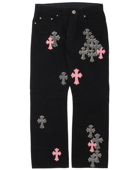 Checkered Cross Patch Fleur-Knee Jeans w/ 35 Cross Patches