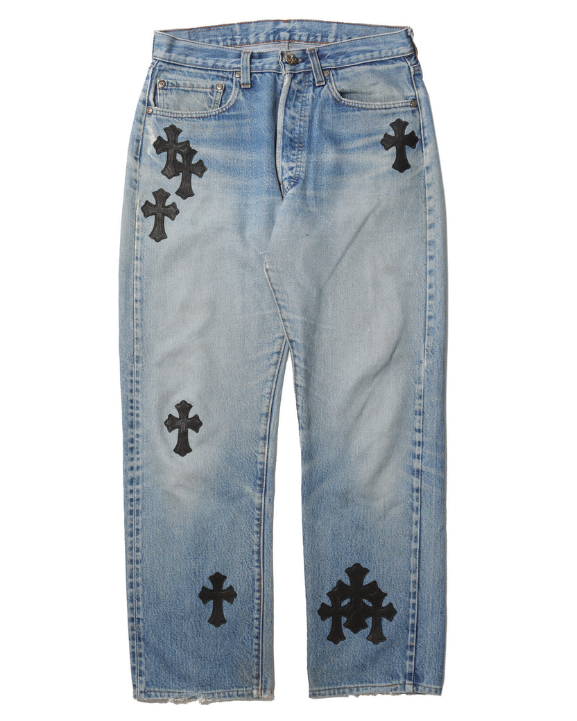 Chrome Hearts Black Crosses Light Blue Jeans