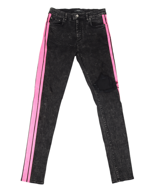 Black Denim Pink Stripes Distressed