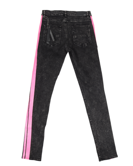 Black Denim Pink Stripes Distressed