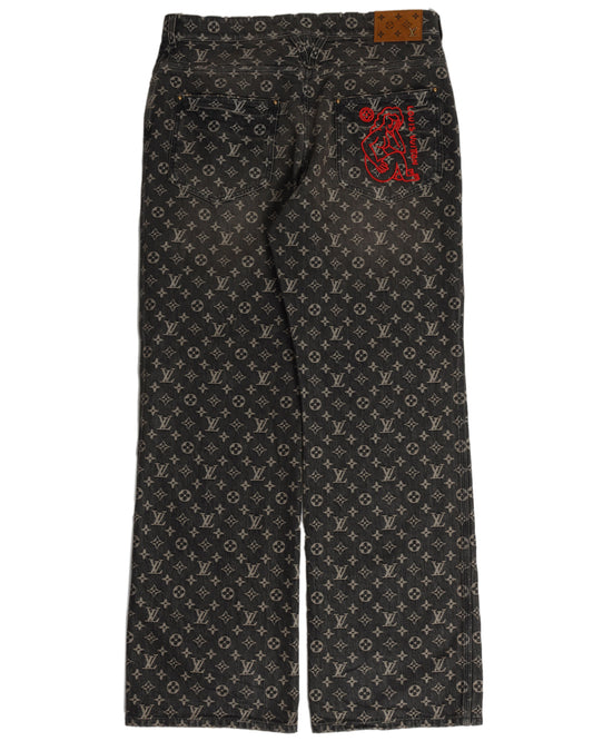 FW22 Distressed Baggy Monogram Jeans