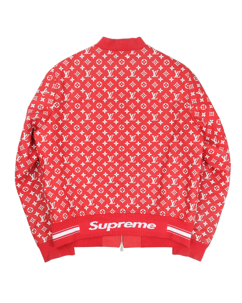 A RED & WHITE LEATHER BOMBER JACKET BY SUPREME, LOUIS VUITTON