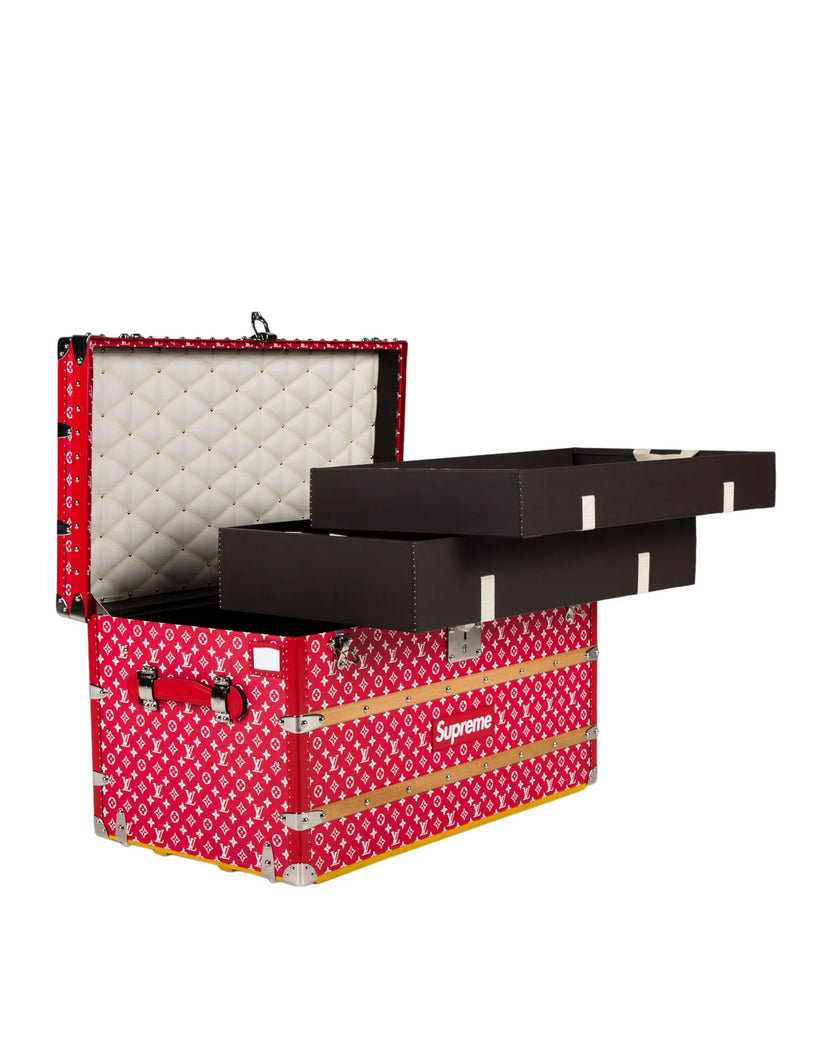 A LIMITED EDITION RED & WHITE MONOGRAM MALLE COURRIER 90 TRUNK WITH SILVER  HARDWARE BY SUPREME