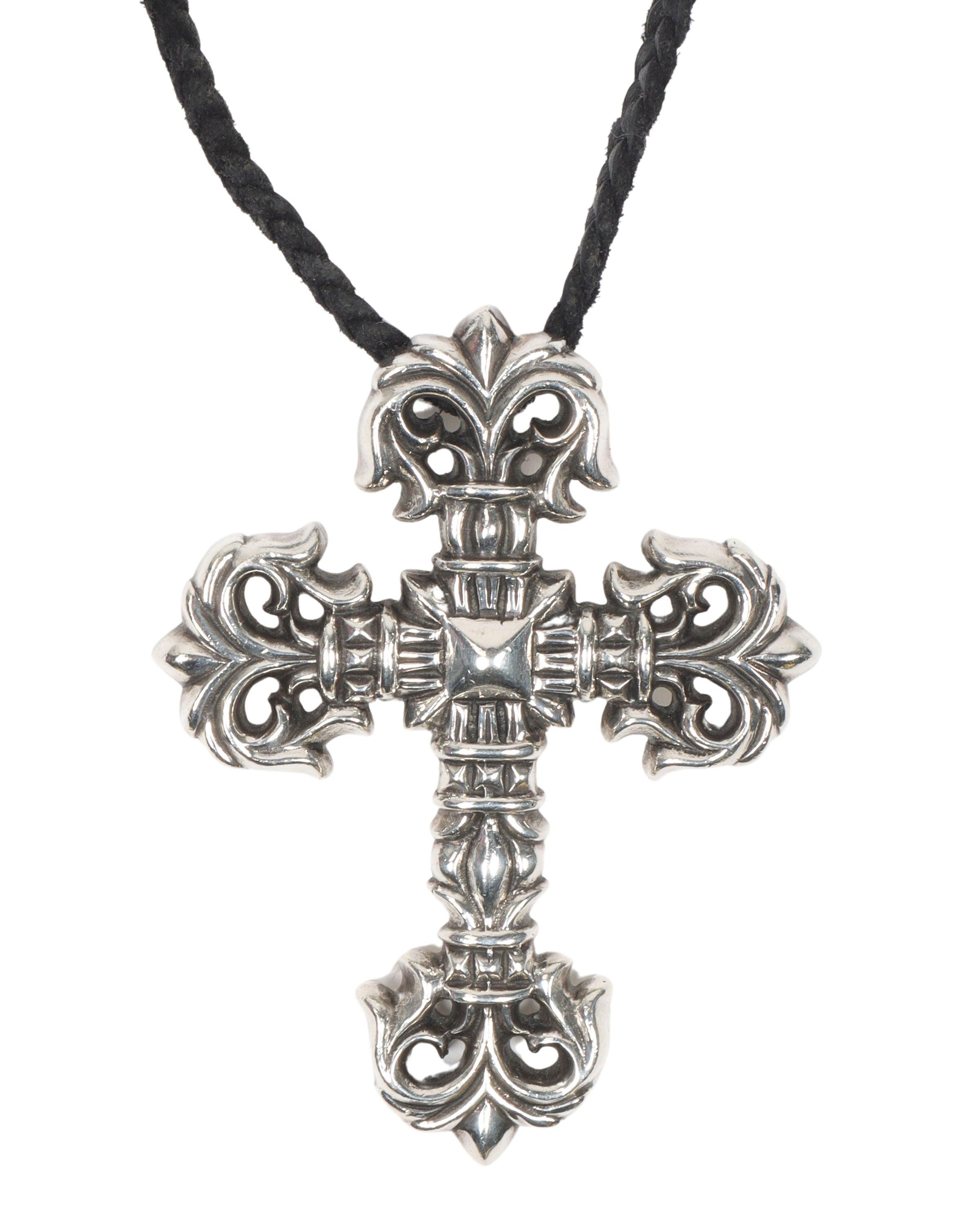 Leather Strap Silver Cross Pendant Necklace