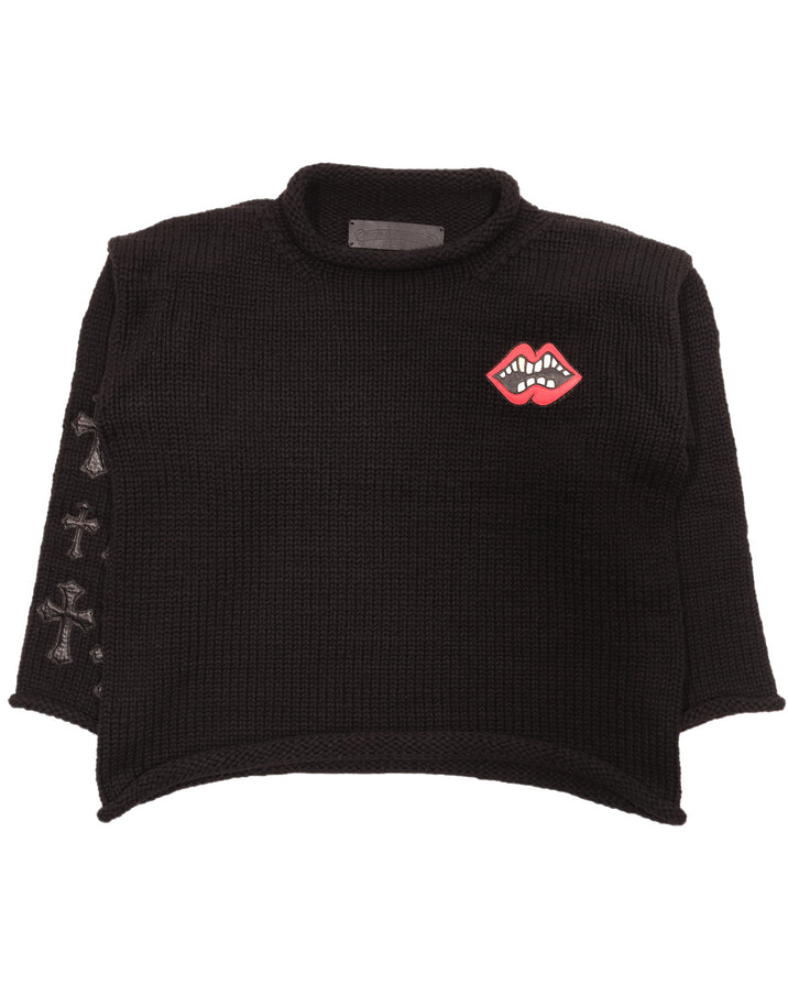 Handknitted Cashmere Crewneck Leather Embellished Sweater