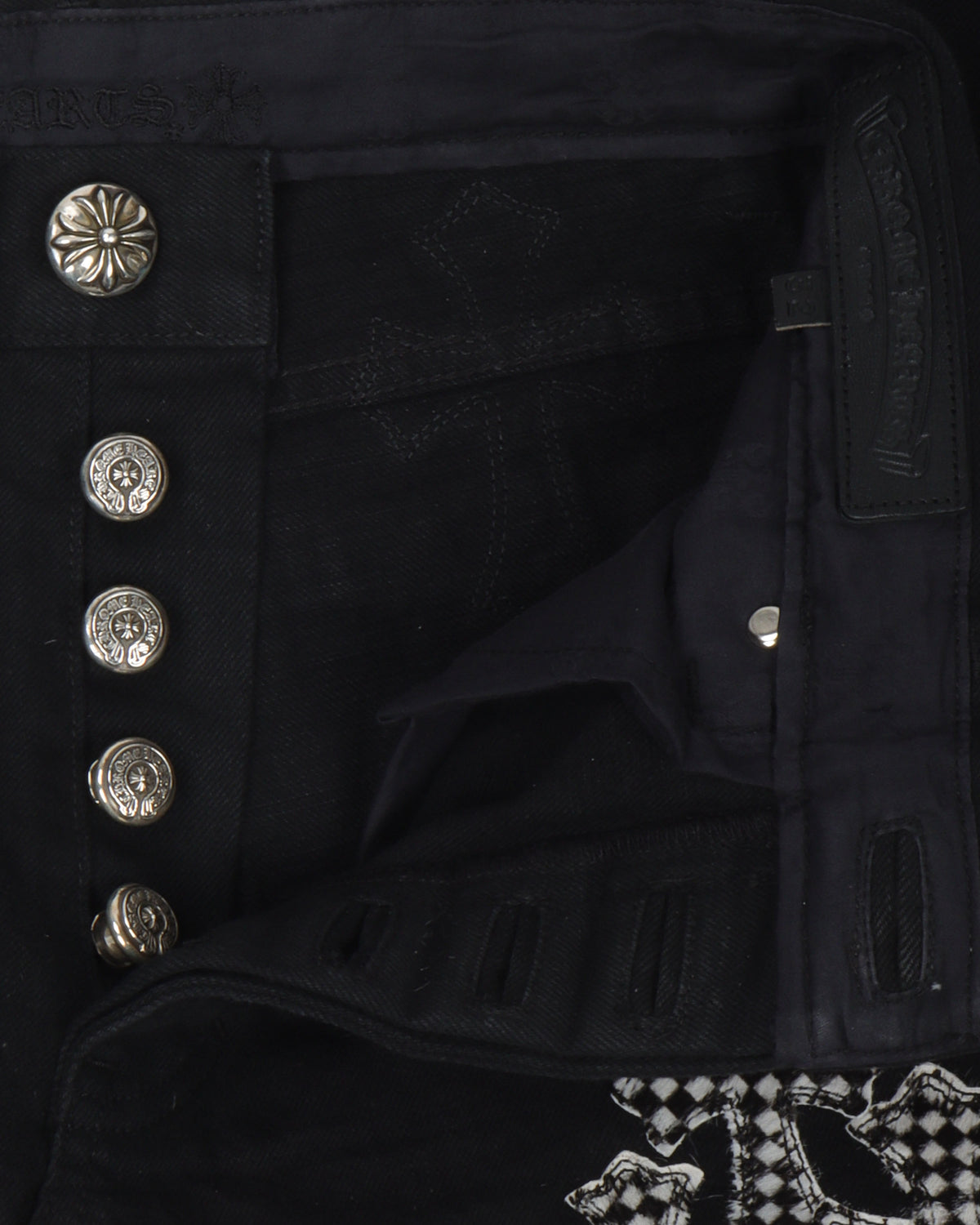 Checkered Cross Patch Fleur-Knee Jeans w/ 34 Cross Patches
