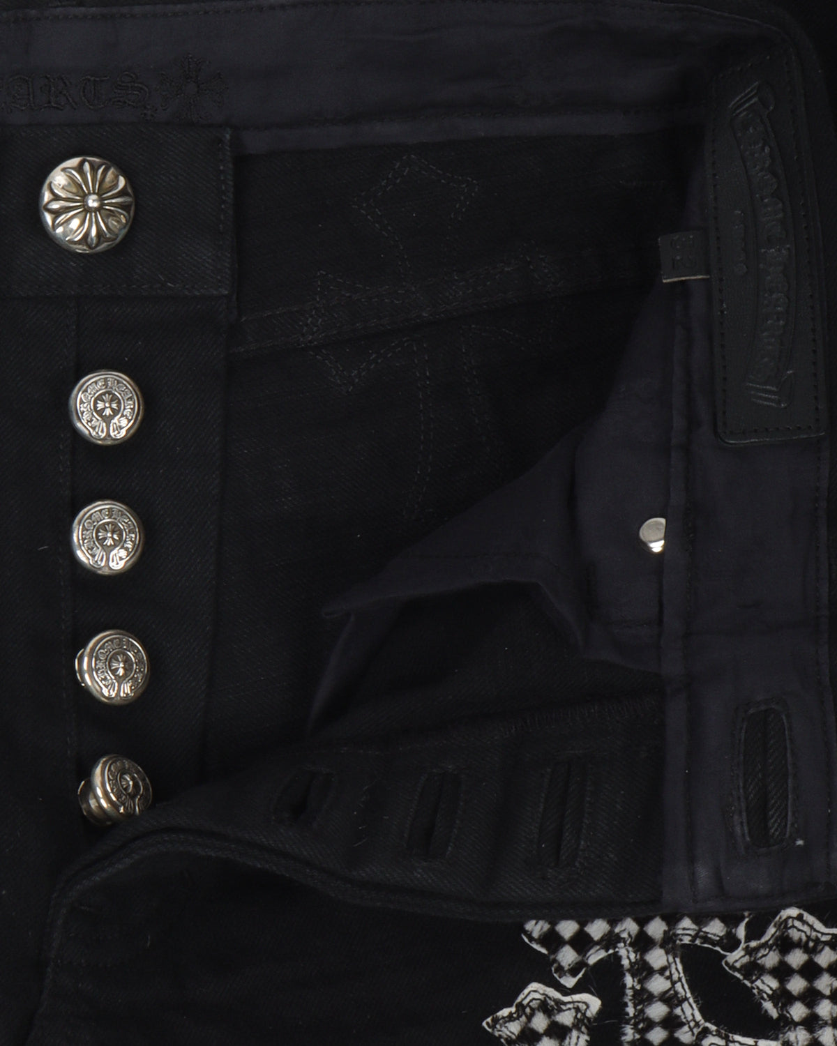 Checkered Cross Patch Fleur-Knee Jeans w/ 34 Cross Patches