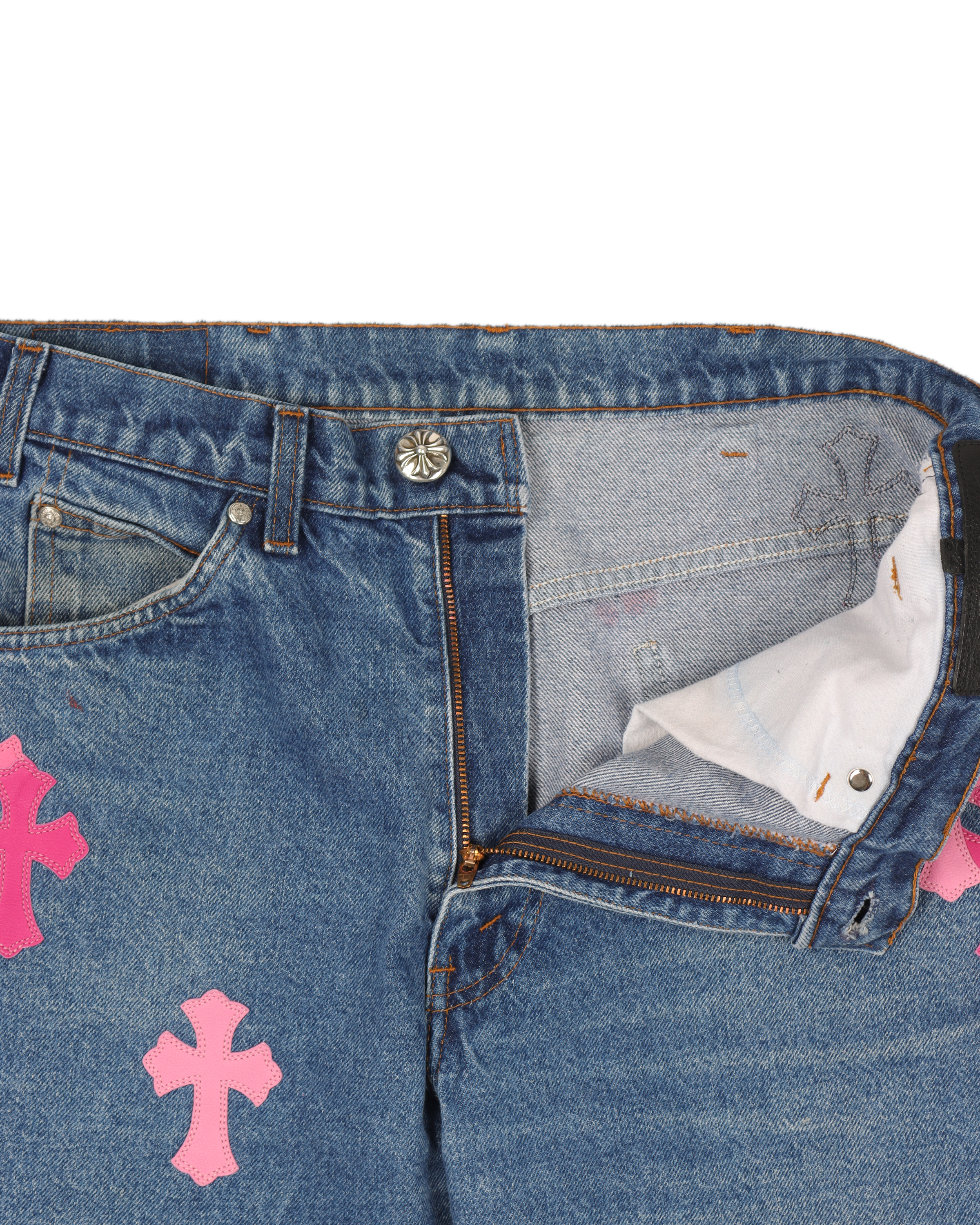 CHROME HEARTS X CDG BLACK DENIM JEANS PINK PATCHES