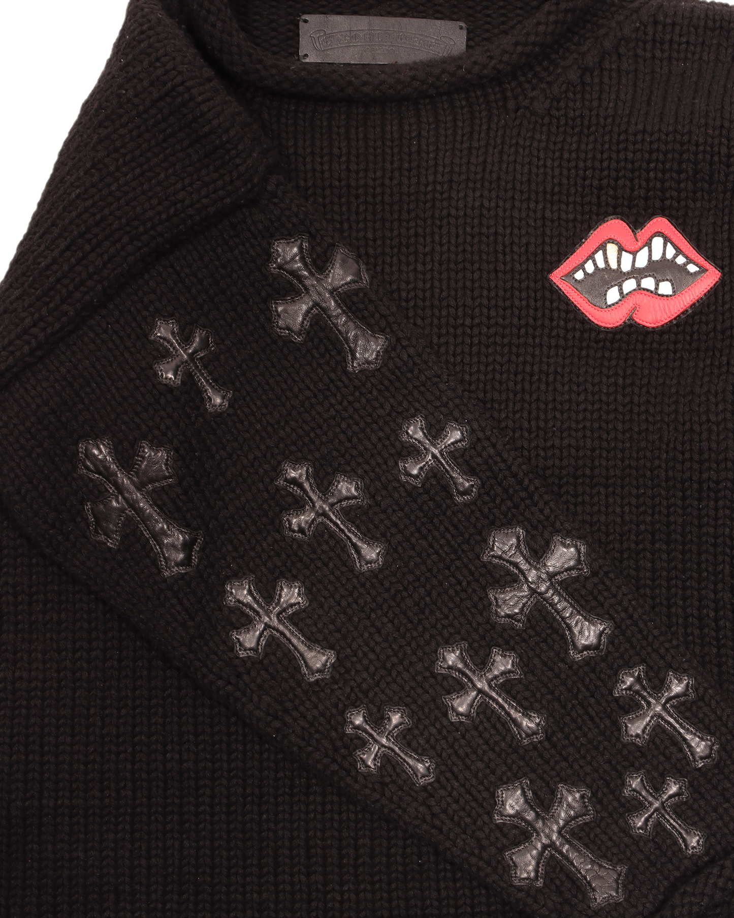 Handknitted Cashmere Crewneck Leather Embellished Sweater