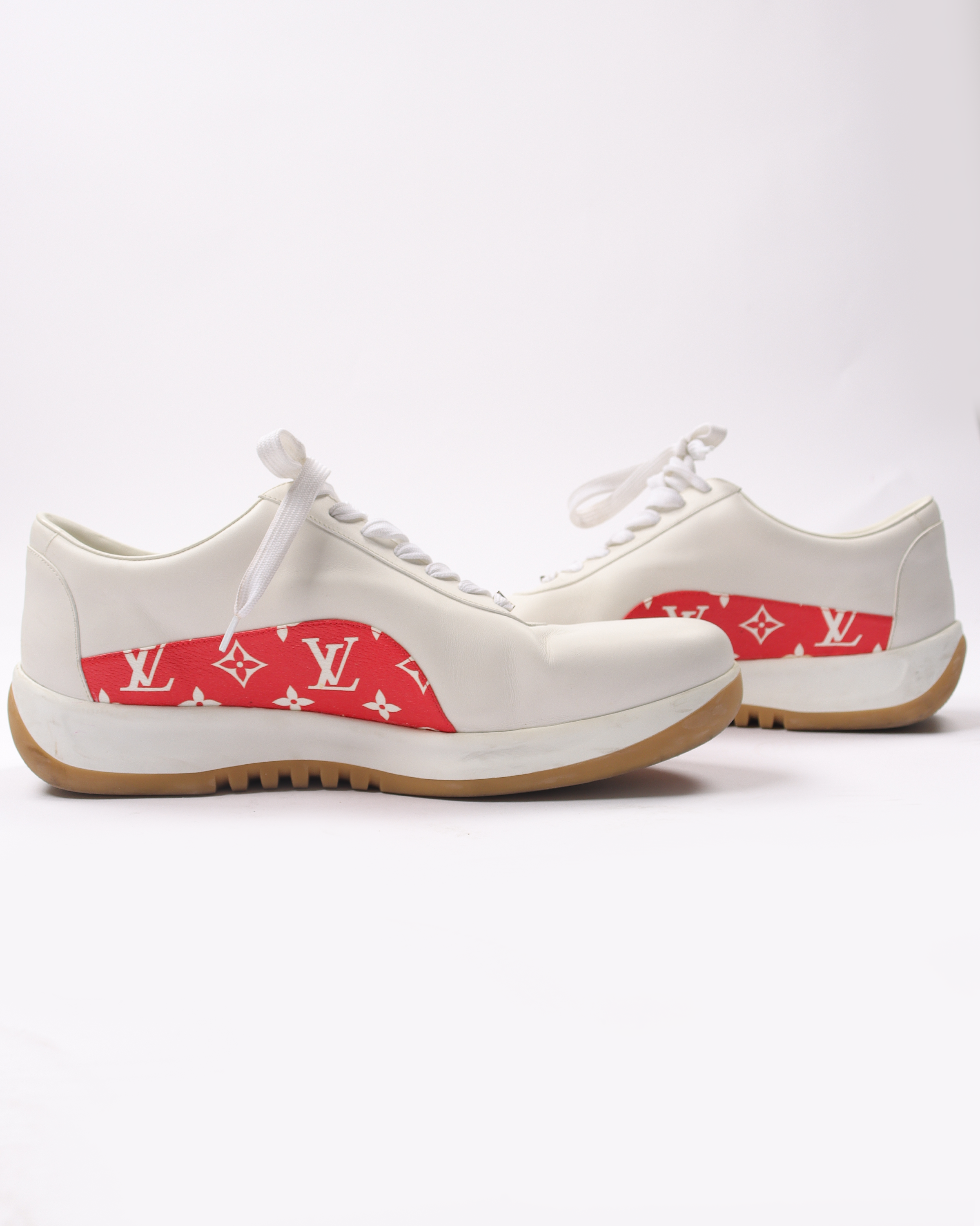 Louis Vuitton x Supreme White Leather and Monogram Canvas Trim Sport  Sneakers Si at 1stDibs