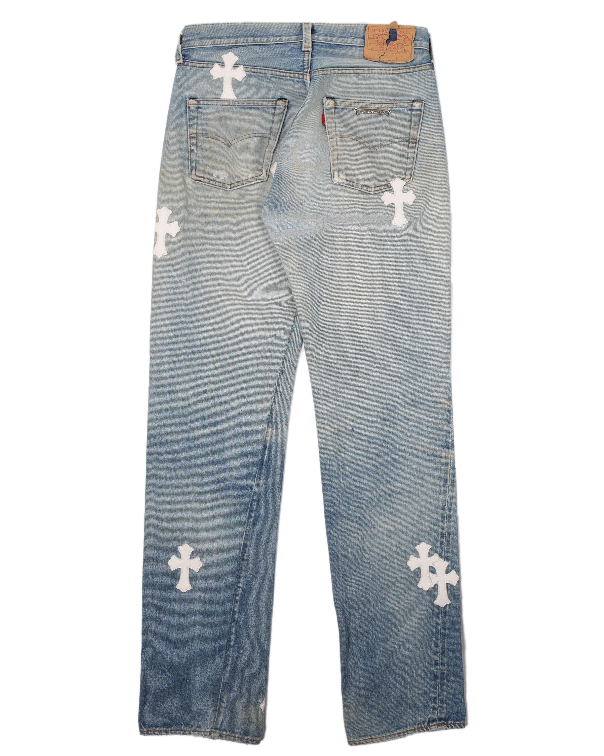 CHROME HEARTS BLACK DENIM JEANS IN WHITE CROSS PATCH - ANTOSIO