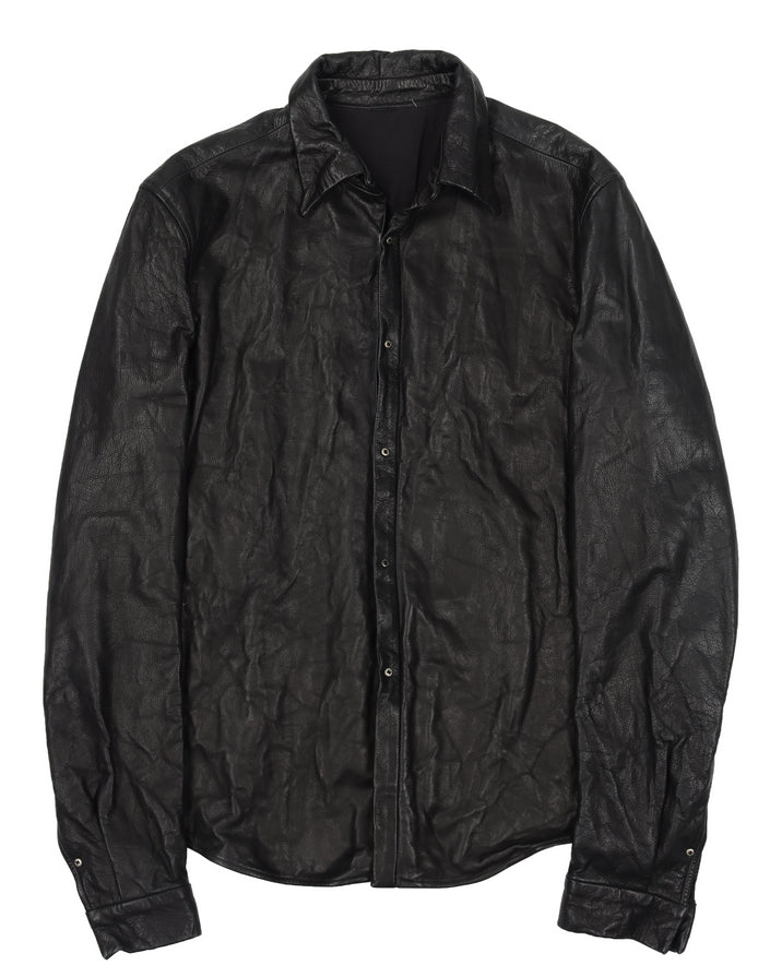 Black Washable Leather Button-Up Shirt