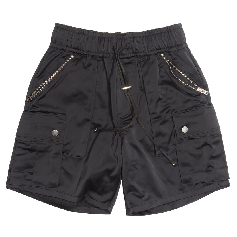 Black Satin Cargo Shorts