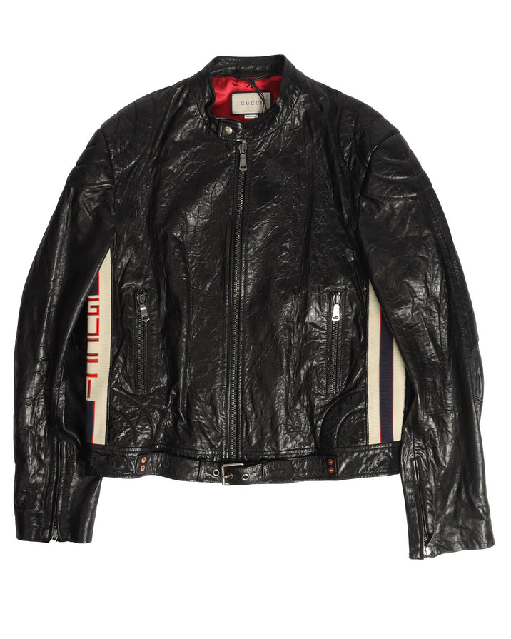 Stripe-Trimmed Leather Motorcycle Jacket