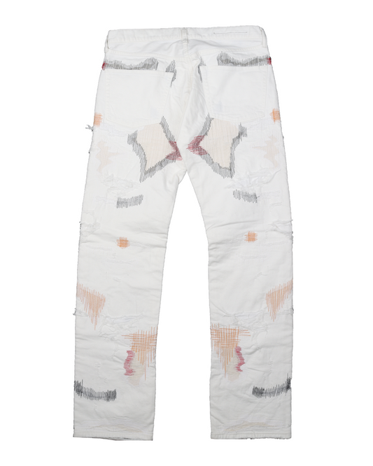 Distressed Repaired White Denim